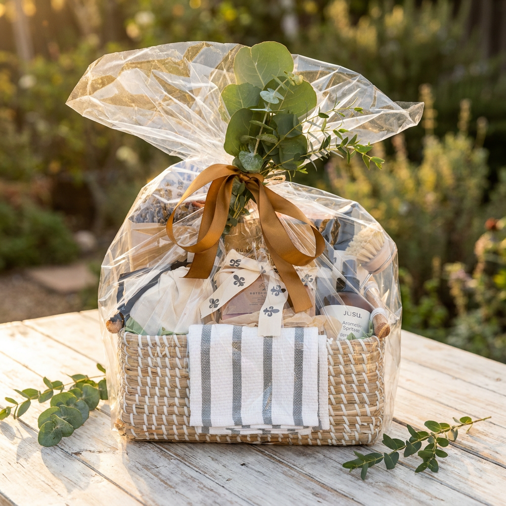 Beautiful Vancouver Island gift basket with eucalyptus, natural products, and gold ribbon, wrapped in cellophane on a rustic outdoor table