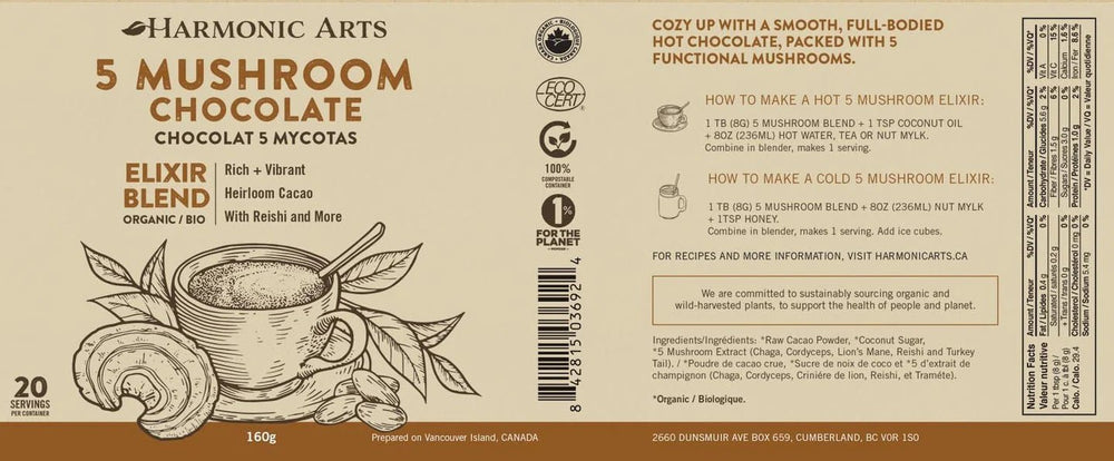 Harmonic Arts | 5 Mushroom Chocolate Elixir Blend - Curated Joy | Natural Home