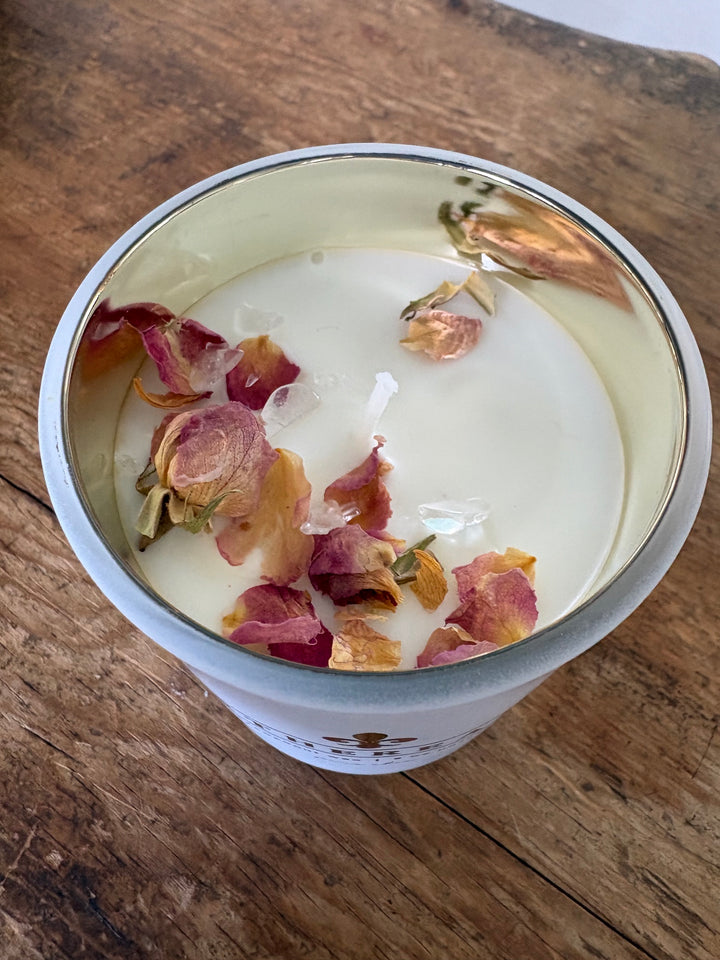 Ethereal | Rose Petal &amp; Quartz Crystal Dressed Candle | Non-Toxic