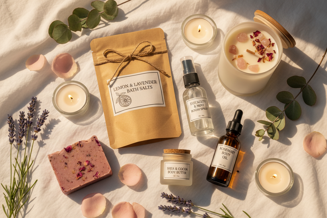 The Sunday Reset Deluxe Spa Gift Set - luxury natural bath and body bundle with lemon lavender bath soak, JUSU aromatherapy spritzer, botanical soap, OM Organics body care and Ethereal crystal rose petal soy candle