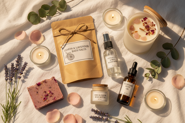The Sunday Reset Deluxe Spa Gift Set - luxury natural bath and body bundle with lemon lavender bath soak, JUSU aromatherapy spritzer, botanical soap, OM Organics body care and Ethereal crystal rose petal soy candle