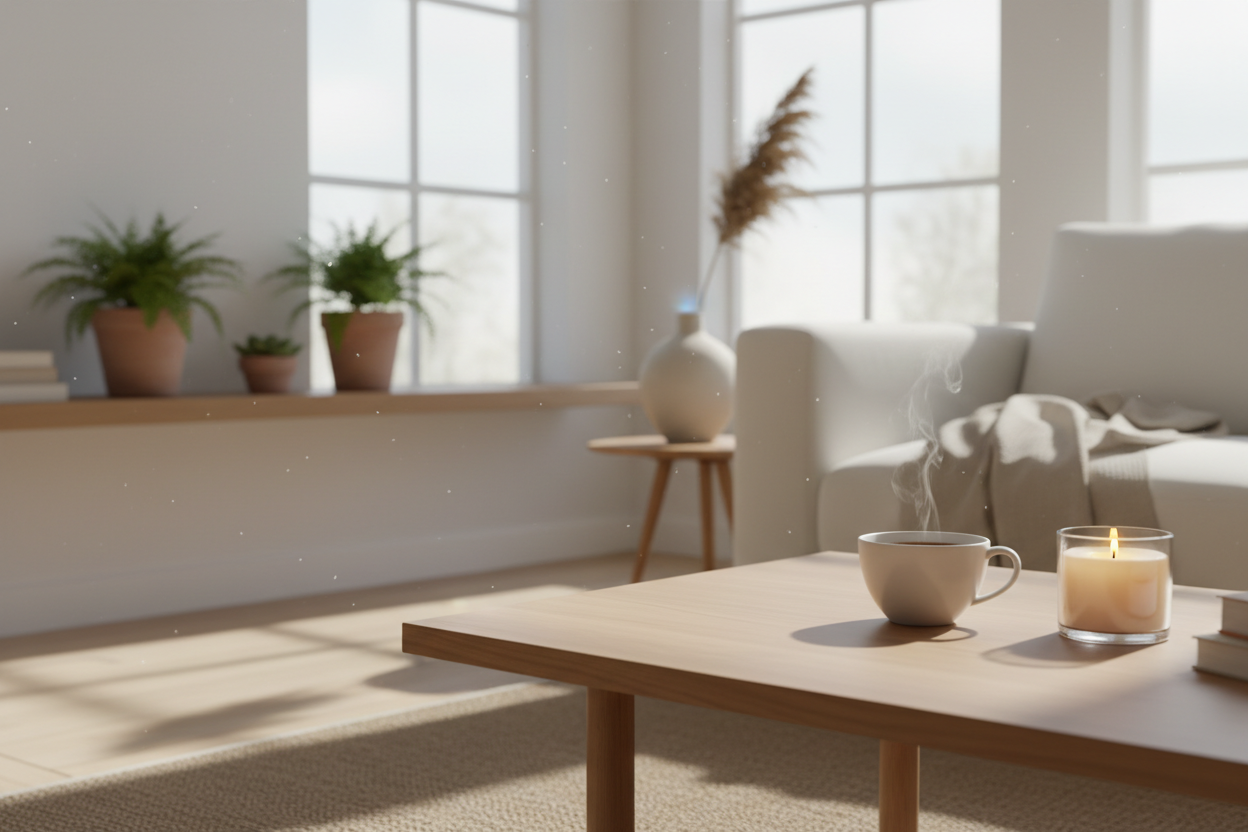 PUT A PHOTOREALISTIC BACKGROUND OF A NATURAL, SERENE HOME, WITH A CANDLE BURNING AND A STEAMING CUP OF TEA